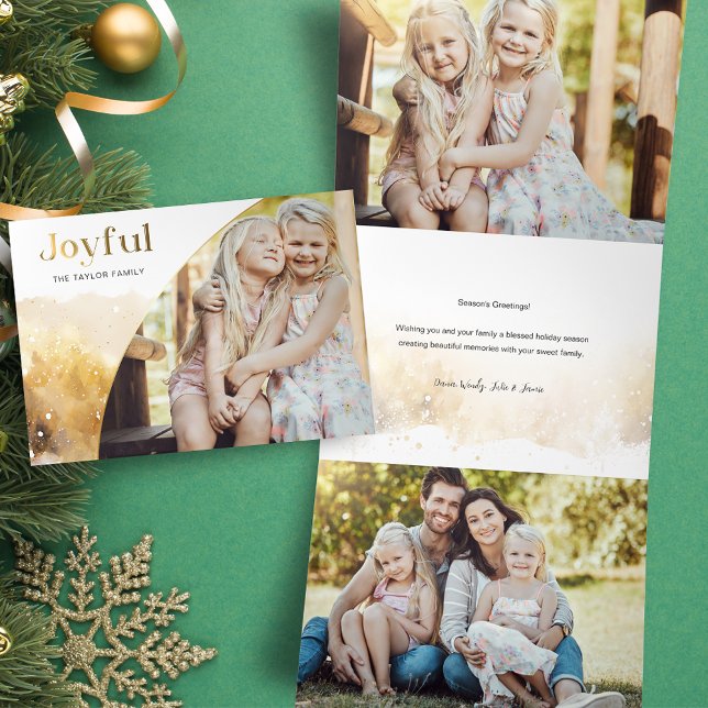 Chic Gold Joyful Script w/Curved Photo  Tri-Fold Holiday Card (Creator Uploaded)