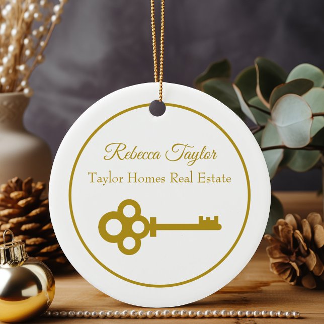 Chic Gold Key Real Estate Custom Realtor Christmas Ceramic Ornament (Creator Uploaded)