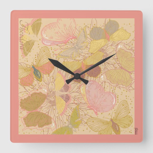 Chic Gold Leaf and Butterfly Pink Background Square Wall Clock (Front)