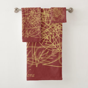 Chic Gold Leaf Burgundy Classic Pattern Bath Towel Set