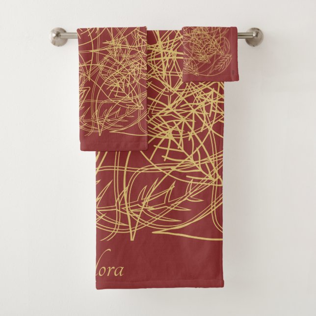 Chic Gold Leaf Burgundy Classic Pattern Bath Towel Set (Insitu)