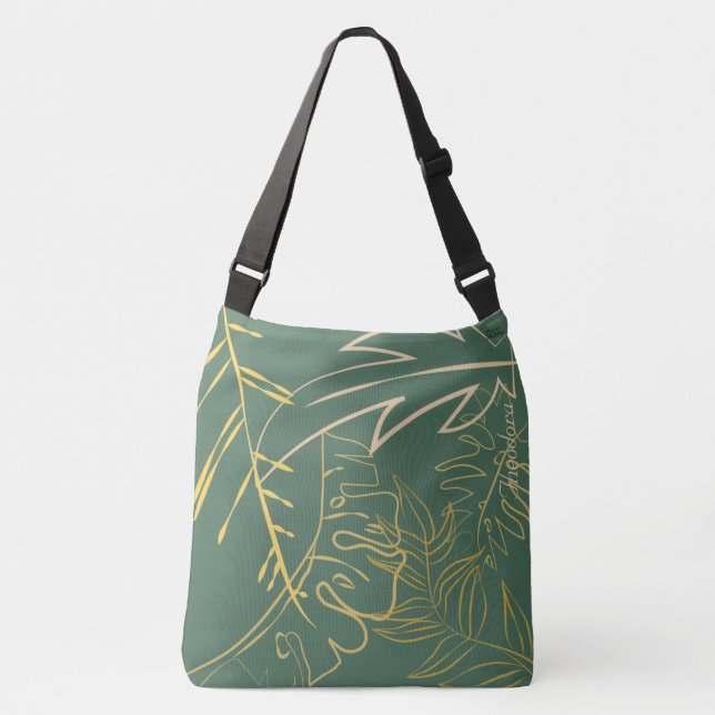 Chic Gold Leaf Green Background Crossbody Bag (Front)
