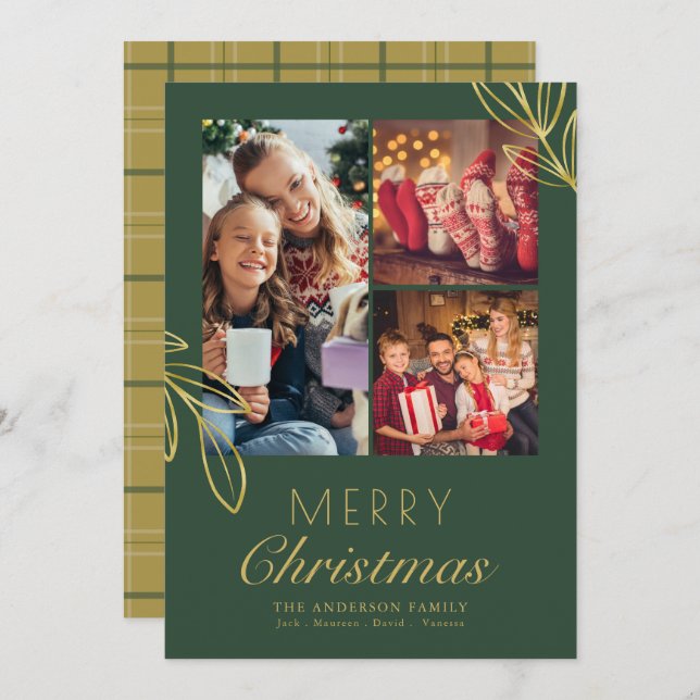 Chic Gold Leaves Green Script 3 Family Photos Holiday Card (Front/Back)