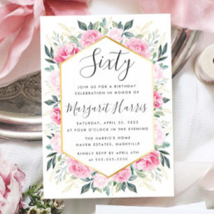 Chic Gold Leaves Pink Floral 60th Sixty Birthday Invitation