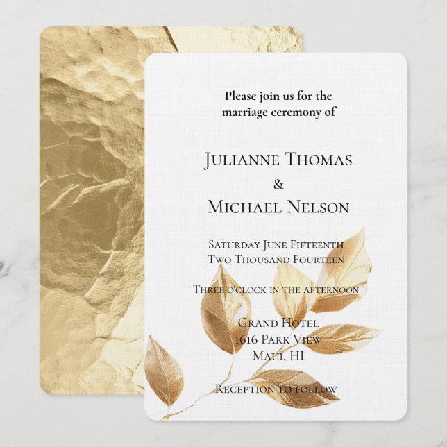 Chic Gold Leaves Wedding Invitation (Front/Back)