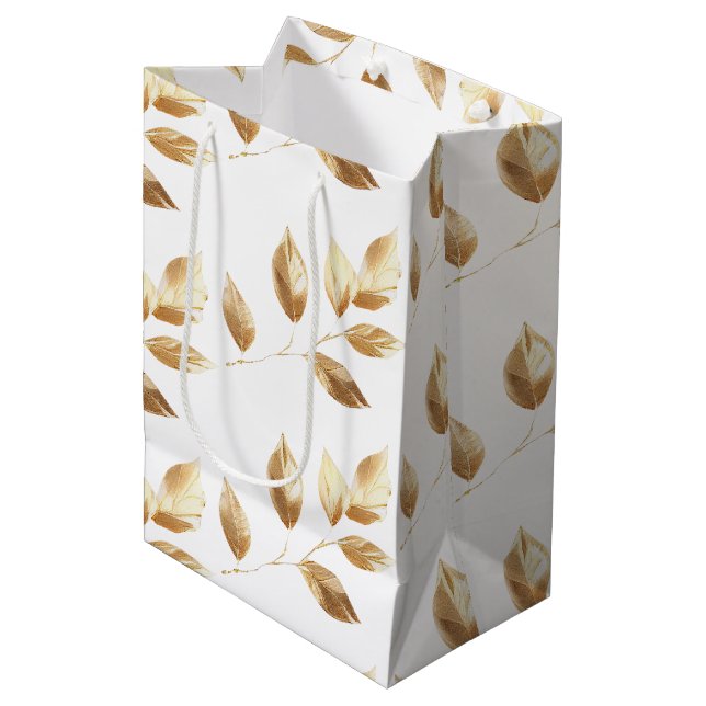 Chic Gold Leaves Wedding Medium Gift Bag (Front Angled)