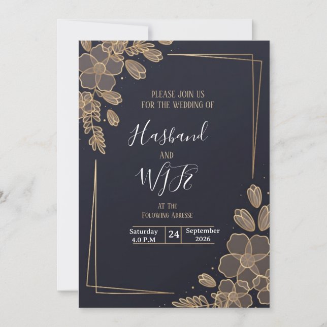 Chic Gold Line Art Flowers  Invitation (Front)