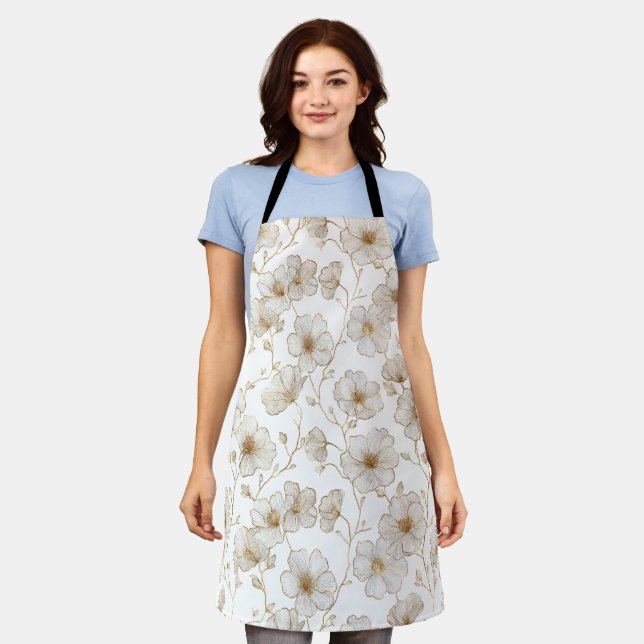 Chic Gold Line Flower White Floral Pattern Apron (Worn)