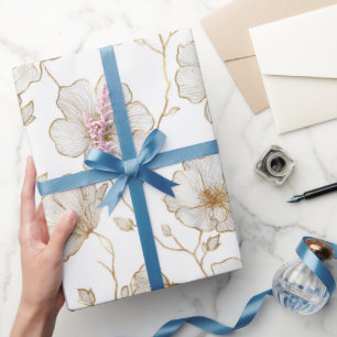 Chic Gold Line Flower White Floral Pattern Wrapping Paper