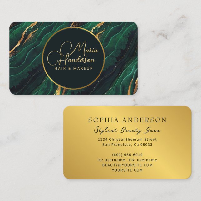 Chic Gold Logo Sparkly & Dark Green Agate Glitter Business Card (Front/Back)