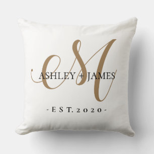  Chic Gold M Monogram Script Name Wedding Date Cushion