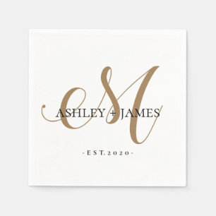  Chic Gold M Monogram Script Name Wedding Date Napkin