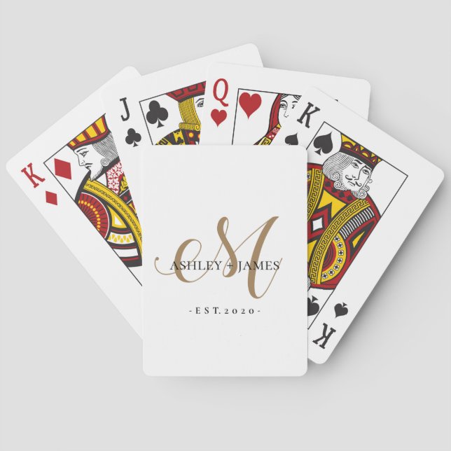  Chic Gold M Monogram Script Name Wedding Date Playing Cards (Back)