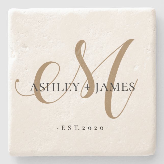  Chic Gold M Monogram Script Name Wedding Date Stone Coaster (Front)