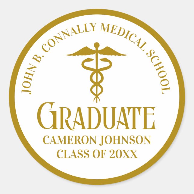 Chic Gold Medical School Graduation Party Classic Round Sticker (Front)