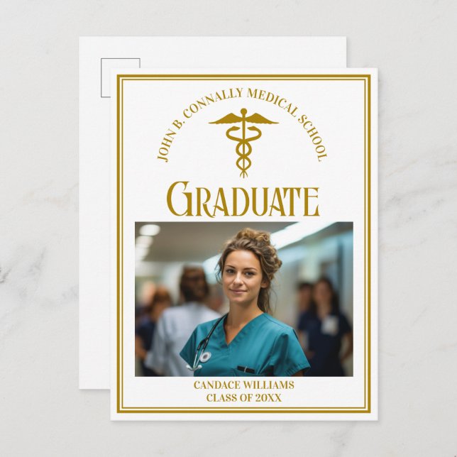 Chic Gold Medical School Graduation Photo Announcement Postcard (Front/Back)