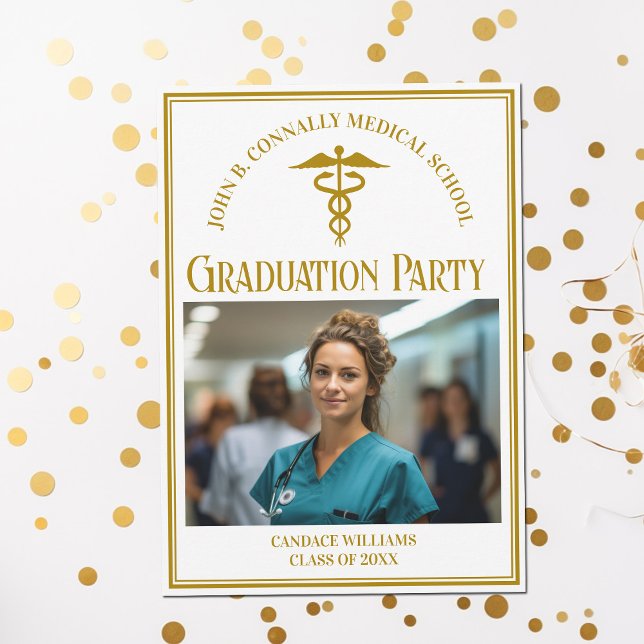 Chic Gold Medical School Graduation Photo Party Invitation (Creator Uploaded)