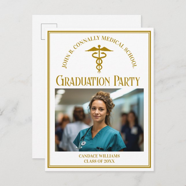 Chic Gold Medical School Graduation Photo Party Invitation Postcard (Front/Back)