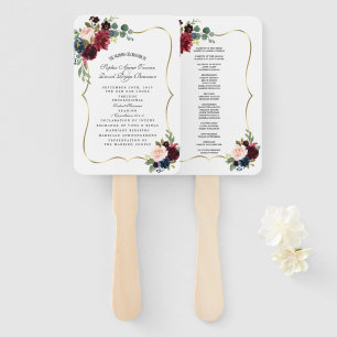 Chic Gold Merlot Navy Blue Floral Wedding Program Hand Fan