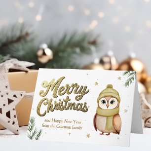 Chic Gold Merry Christmas Owl Woodland Animal Holiday Card