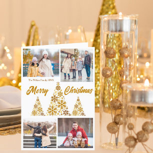 Chic Gold Merry Christmas Trees Photo Collage Holiday Card