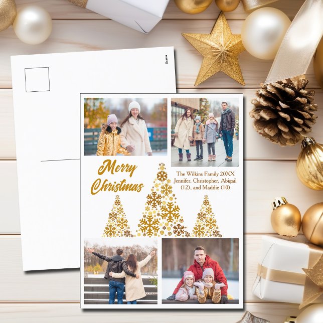 Chic Gold Merry Christmas Trees Photo Collage Holiday Postcard (Creator Uploaded)