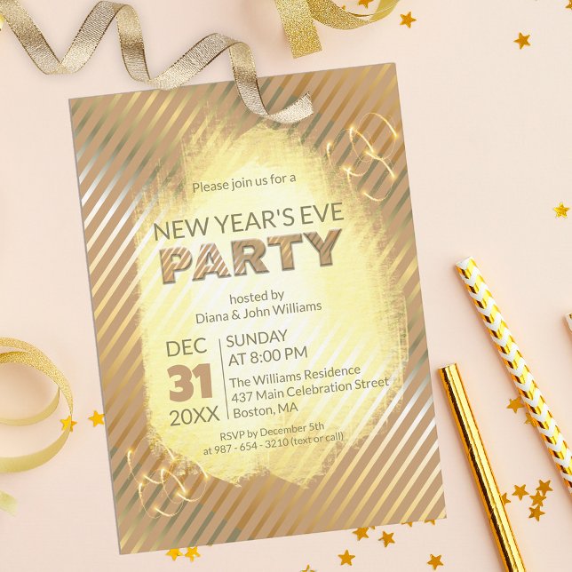Chic Gold Metallic Stripes New Year's Eve Party Invitation (Creator Uploaded)
