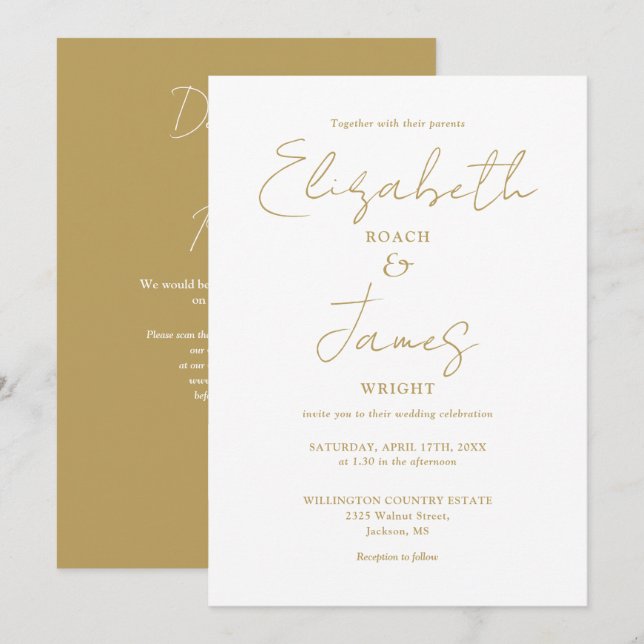 Chic Gold Minimalist Elegant QR Code Wedding Invitation (Front/Back)