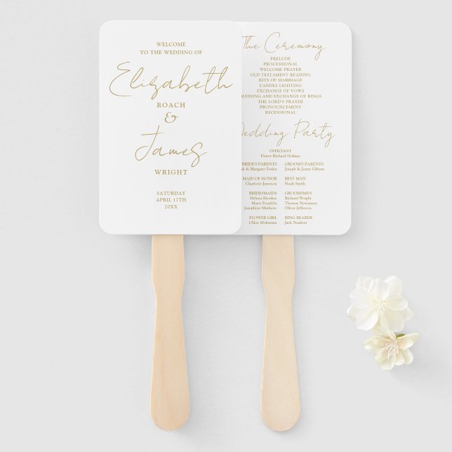 Chic Gold Minimalist Script Wedding Program Hand Fan (Front and Back)