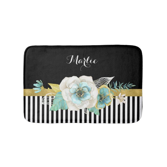Chic Gold Mint Flowers With Black Stripes and Name Bath Mat (Front)