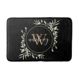 Chic Gold Monogram Elegant Script Greenery Black Bath Mat