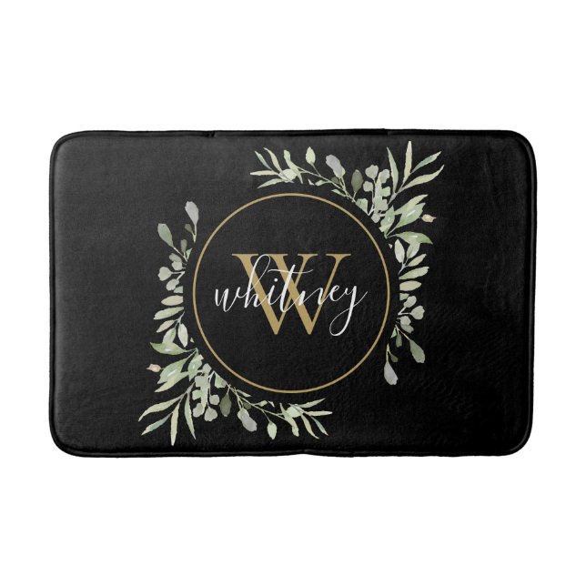 Chic Gold Monogram Elegant Script Greenery Black Bath Mat (Front)
