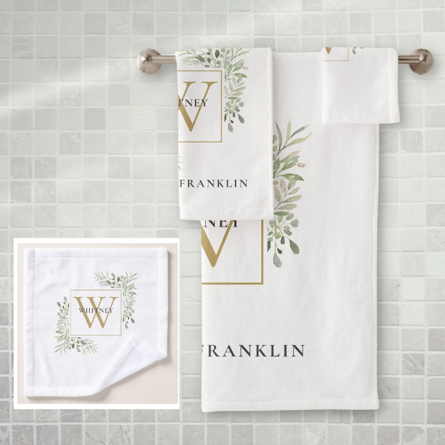 Chic Gold Monogram Eucalyptus Greenery  Bath Towel Set (Chic Gold Monogram Eucalyptus Greenery Bath Towel Set)