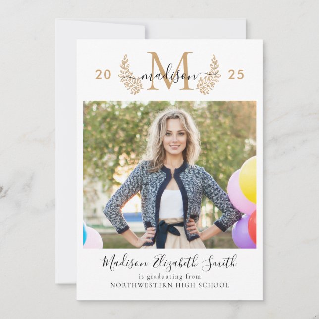 Chic Gold Monogram Girly Script 2 Photo Graduation Announcement (Front)