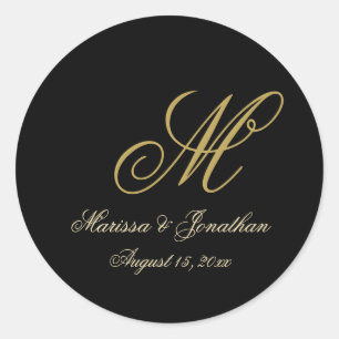 Chic Gold Monogram Script Black Wedding Classic Round Sticker