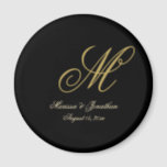 Chic Gold Monogram Script Black Wedding Magnet<br><div class="desc">These elegant black custom monogram wedding magnet will add class to your favour gifts. The chic design template features the groom's last name monogram initial along with the bride's and groom's first names and wedding date in faux gold to personalise. Please check out our I Love Weddingz shop to find...</div>