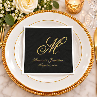 Chic Gold Monogram Script Black Wedding Napkin