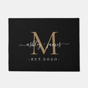 Chic Gold Monogram Script Names Wedding Date Black Doormat