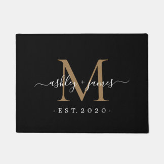 Chic Gold Monogram Script Names Wedding Date Black Doormat