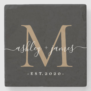 Chic Gold Monogram Script Names Wedding Date Black Stone Coaster