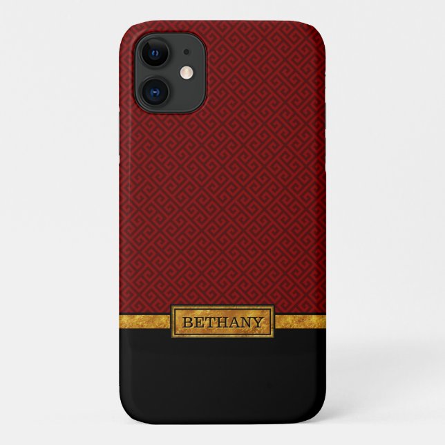 Chic Gold Name and Red Greek Key Pattern Case-Mate iPhone Case (Back)