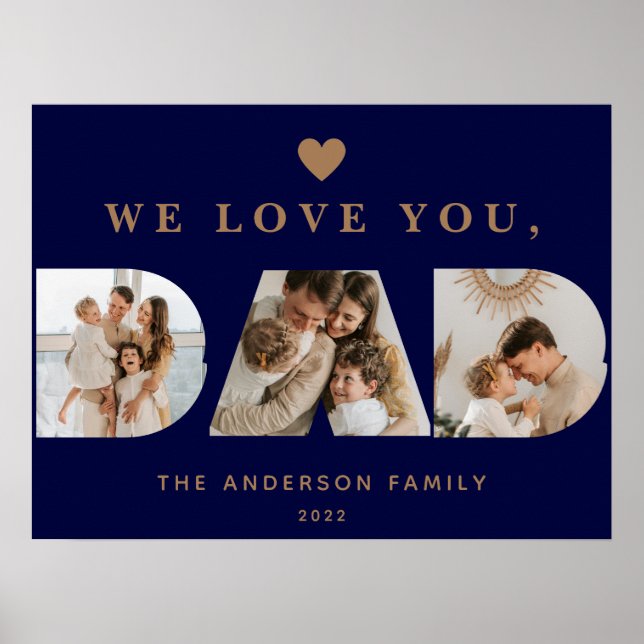 Chic Gold Navy Blue Custom Three Dad Script Photos Poster (Front)