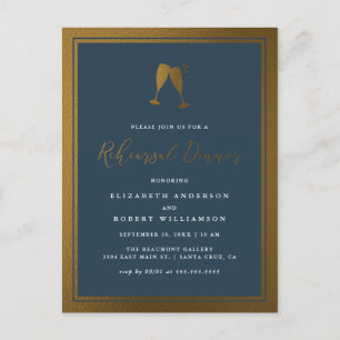 Chic Gold & Navy Flutes Rehearsal Dinner Invitation Postcard
