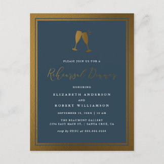 Chic Gold & Navy Flutes Rehearsal Dinner Invitation Postcard