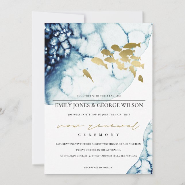 CHIC GOLD NAVY UNDERWATER FISH VOW RENEWAL INVITE (Front)
