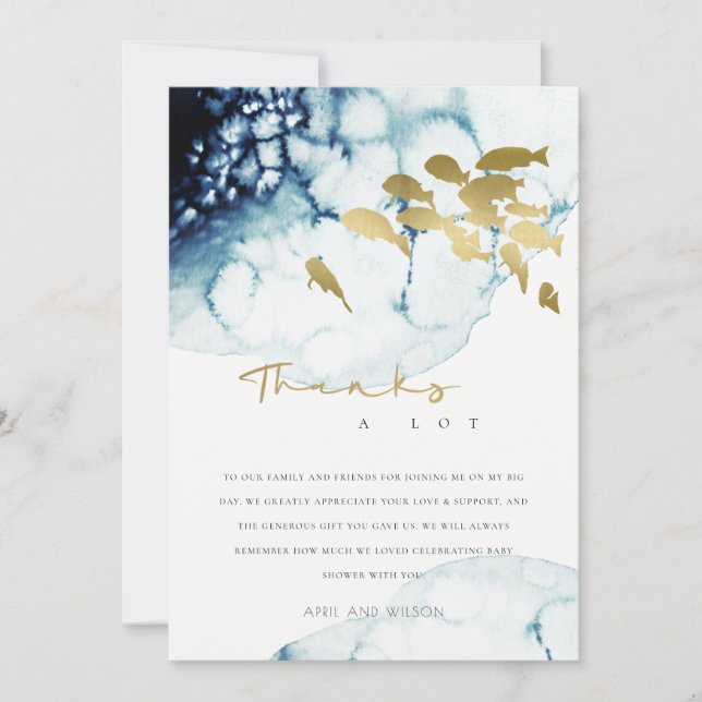 CHIC GOLD NAVY UNDERWATER SEA FISH BABY SHOWER THANK YOU CARD (Front)