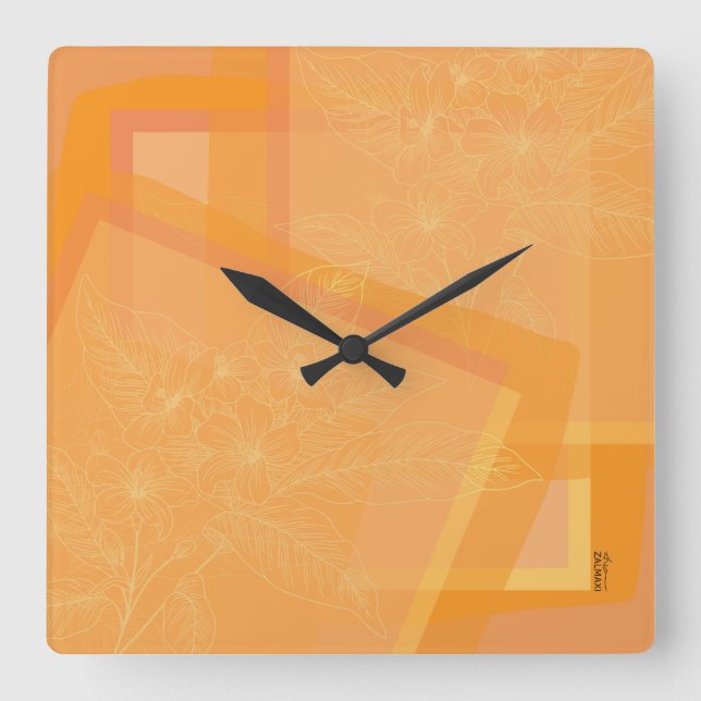 Chic Gold Orange Abstract Floral Square Wall Clock (Front)