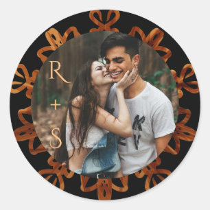 Chic Gold Ornamental Photo Wedding Classic Round Sticker