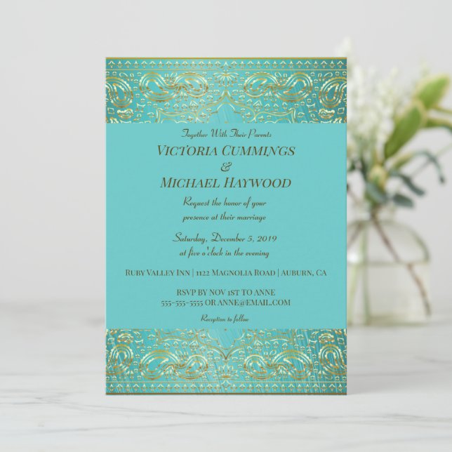 Chic Gold Paisley and Aqua Blue Invitation (Standing Front)