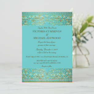 Chic Gold Paisley and Aqua Blue Invitation